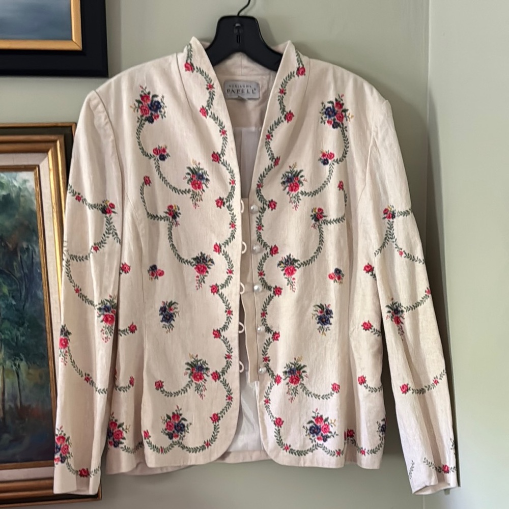 Papell Adrianna Boutique Embroidered Cream Jacket Linen M L 14 Vintage flowers